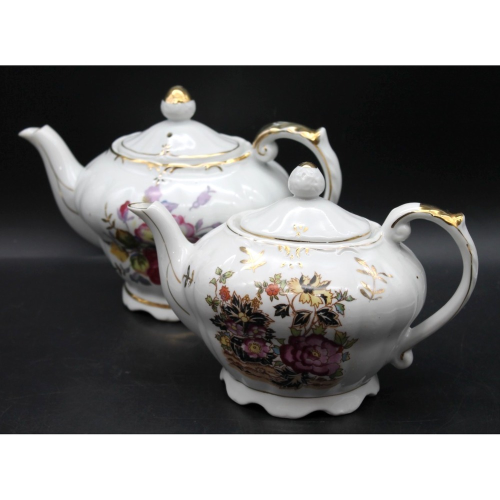 Vintage Musical Teapot Lot of 2 Floral Porcelain Gold Trim Music Box Both Work